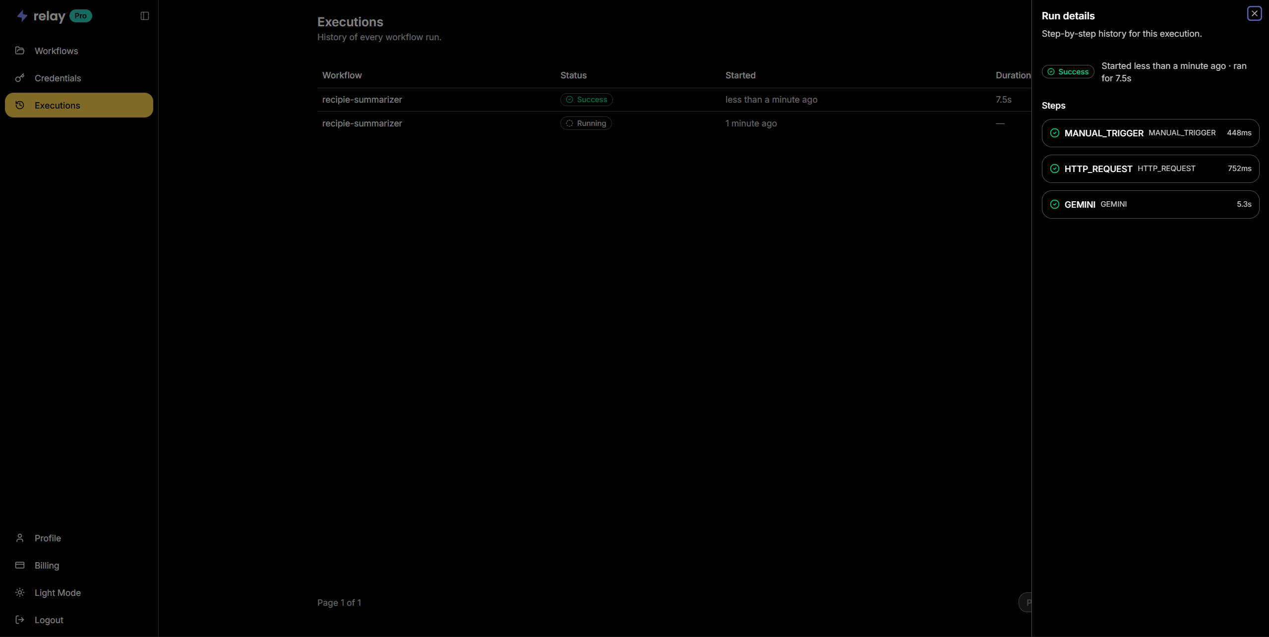 The Relay executions page listing two workflow runs with Success and Running statuses, and a run-details panel showing three completed steps: MANUAL_TRIGGER, HTTP_REQUEST, and GEMINI