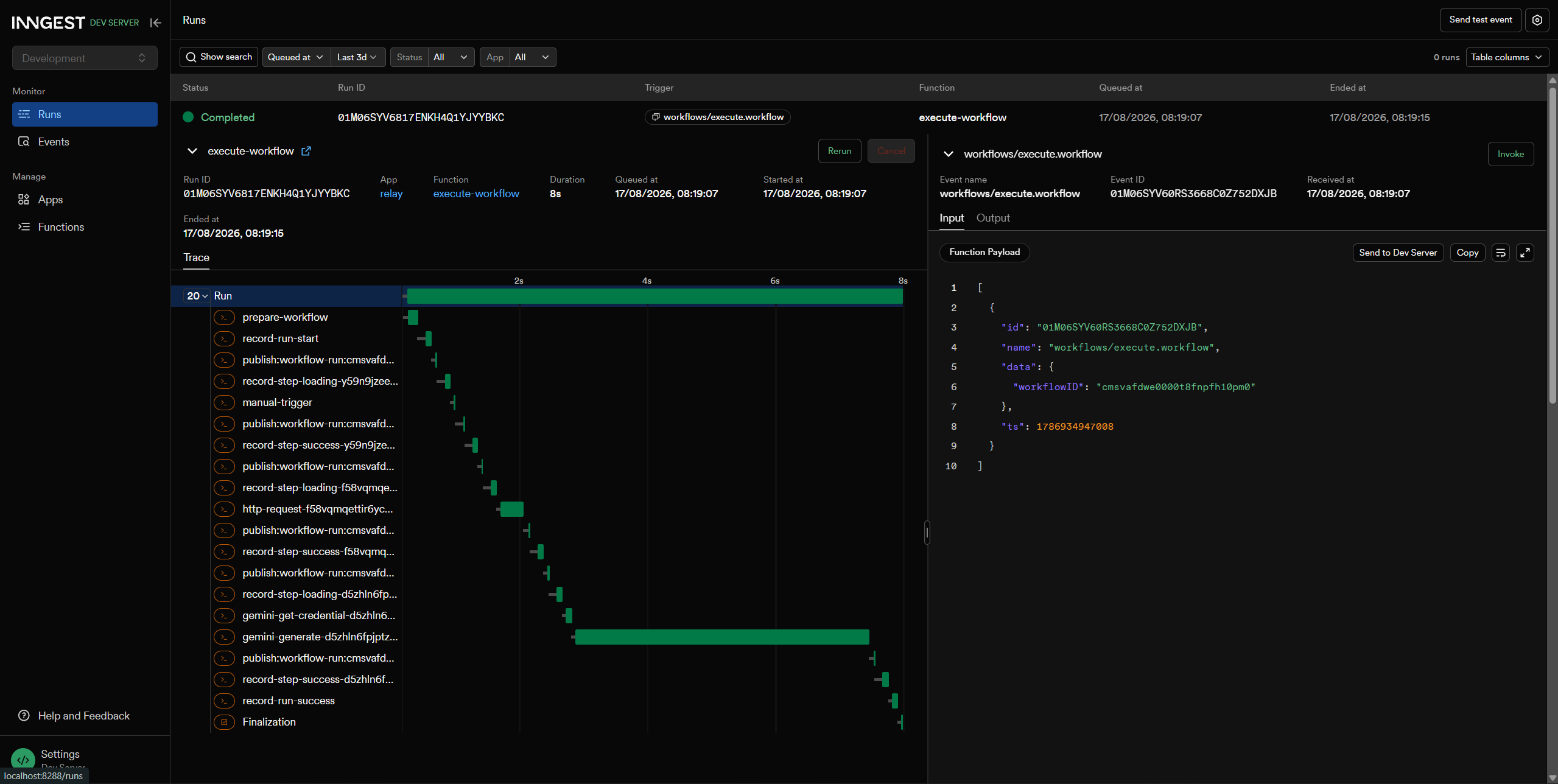 The Inngest dev server showing a completed workflow run's trace, listing prepare-workflow, manual-trigger, http-request, and gemini-generate steps with their durations, laid out as a waterfall